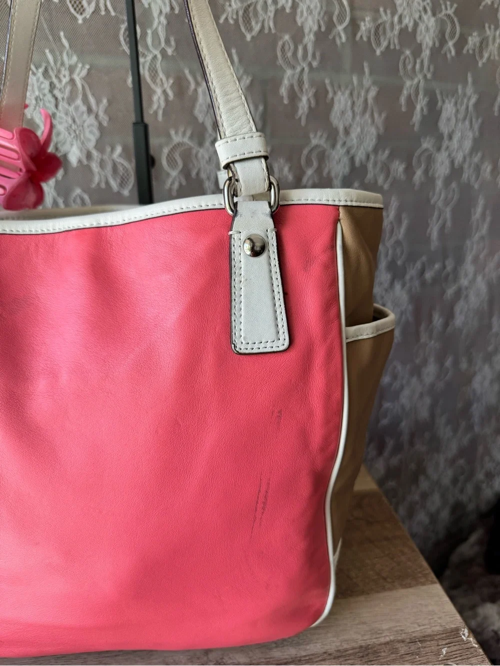 Coach Pink and Tan Leather Tote with White Trim